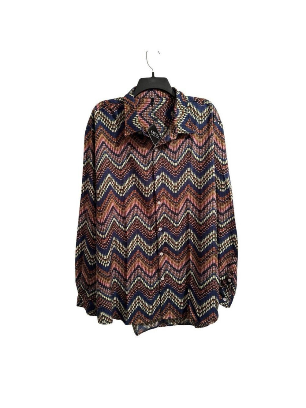 Zaful Button-down Blouse Women 3X Multicolor Zig Zag Design Long Sleeves NWT NEW